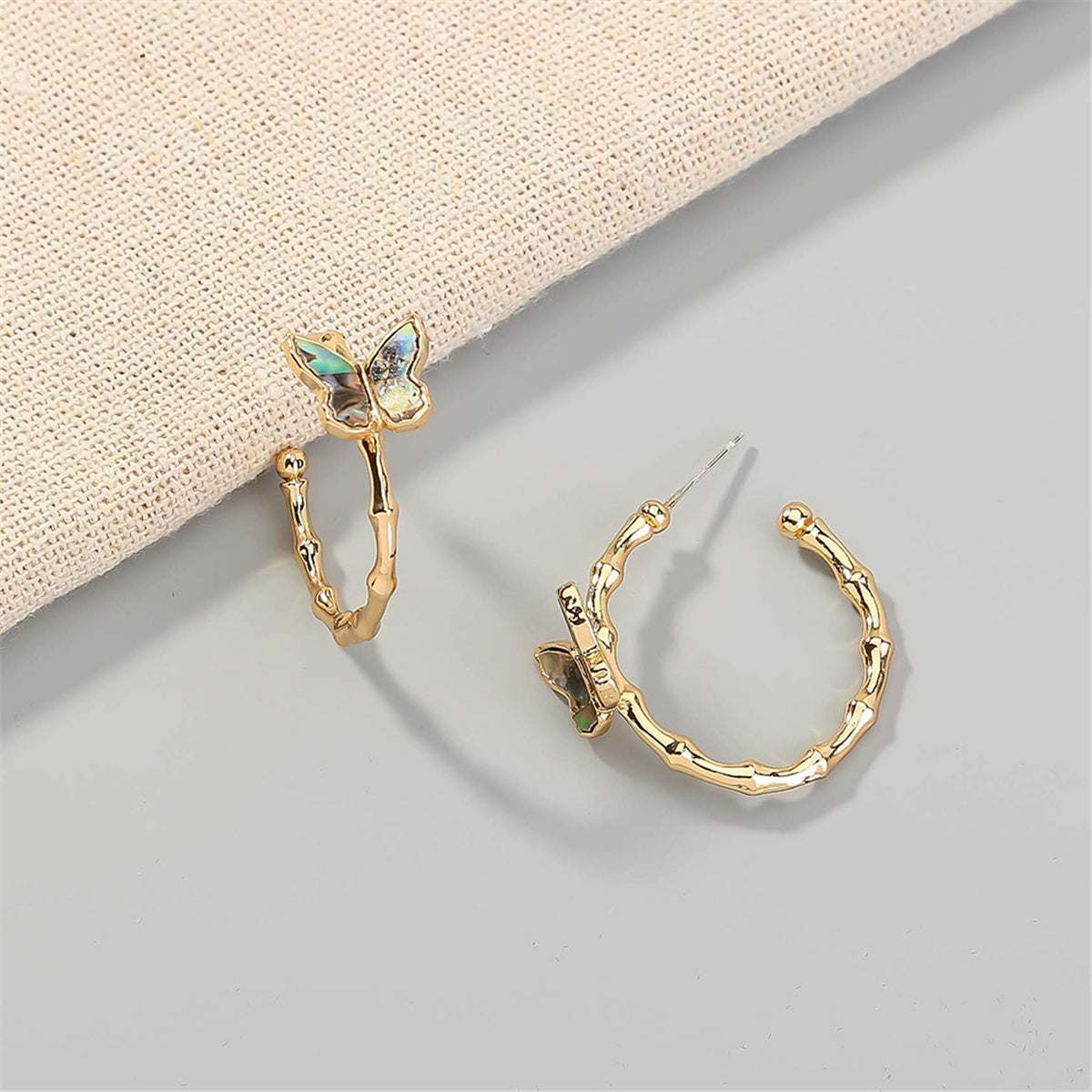 Abalone & Goldtone Bamboo Butterfly Open Hoop Earrings