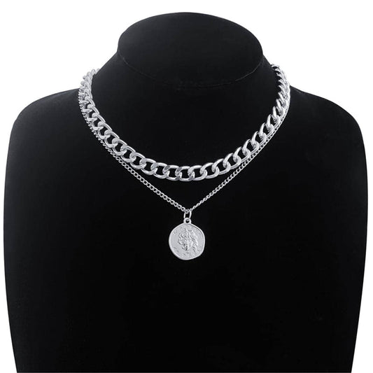 Silvertone Coin Figaro Pendant Necklace