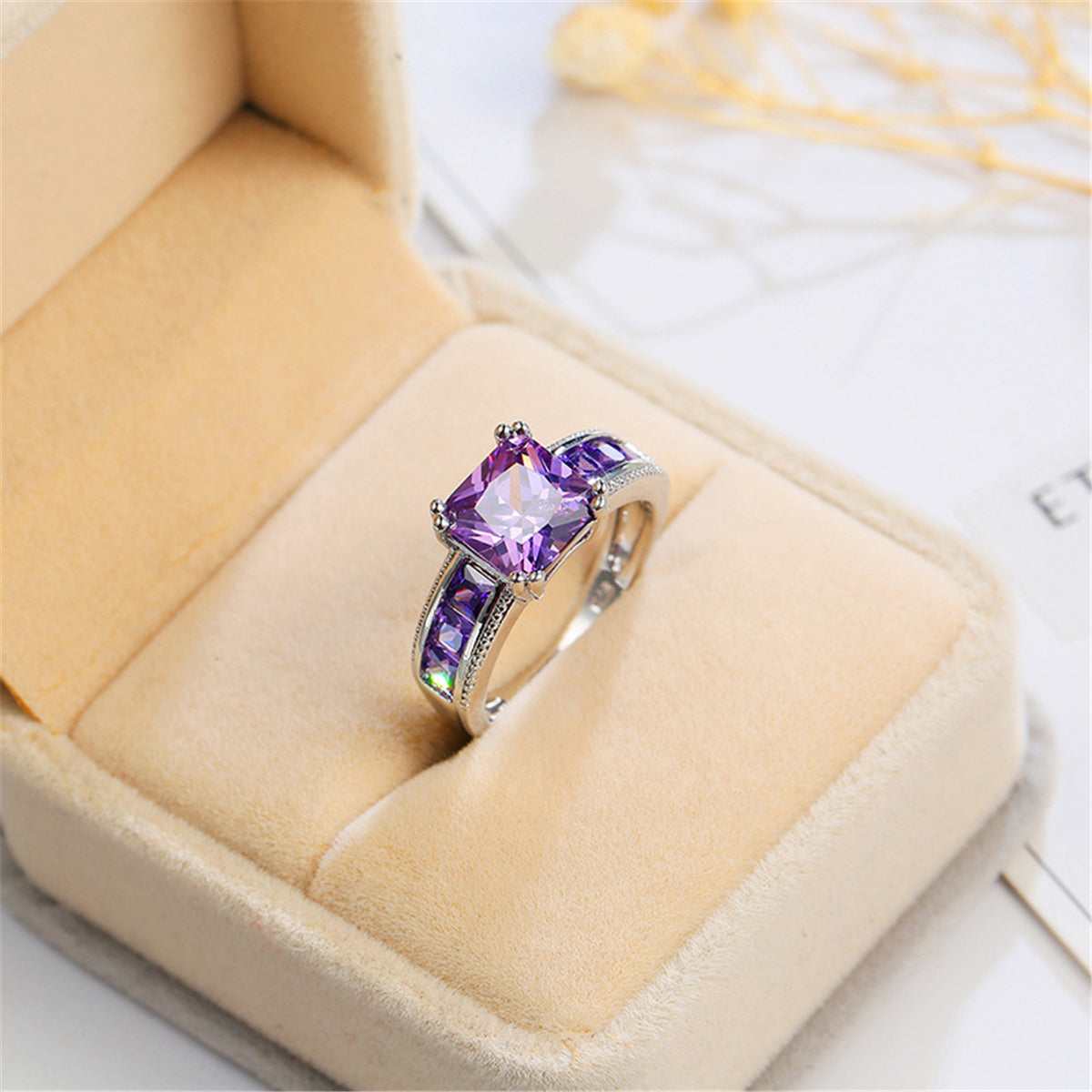 Purple Crystal & Silvertone Princess-Cut Ring