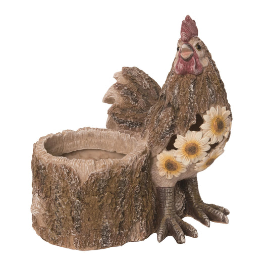 9.4 Inch Brown Spring Rooster Planter with Drainage Holes Durable Polyresin Garden Decor
