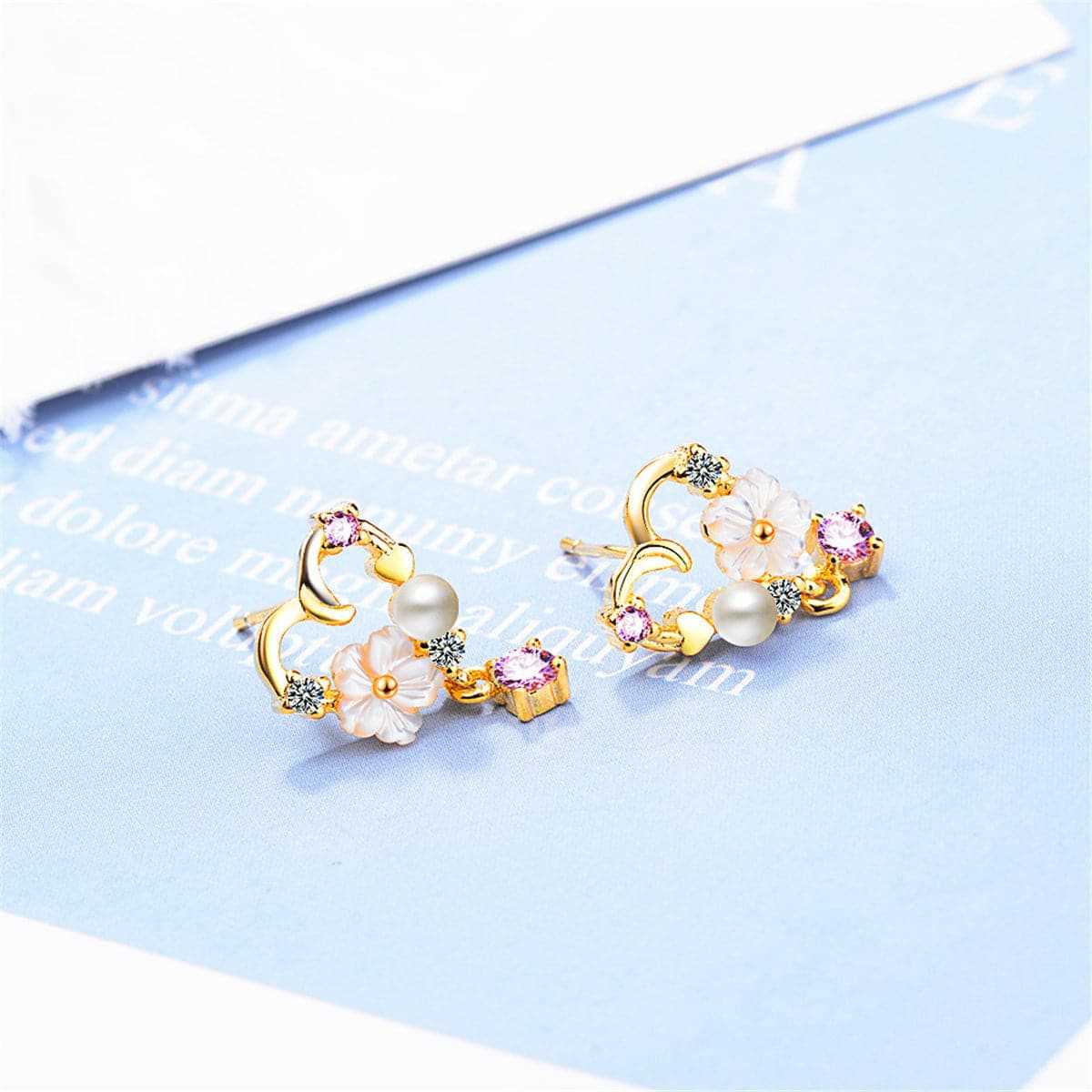 Cubic Zirconia & Pearl Goldtone Flower Heart Drop Earring