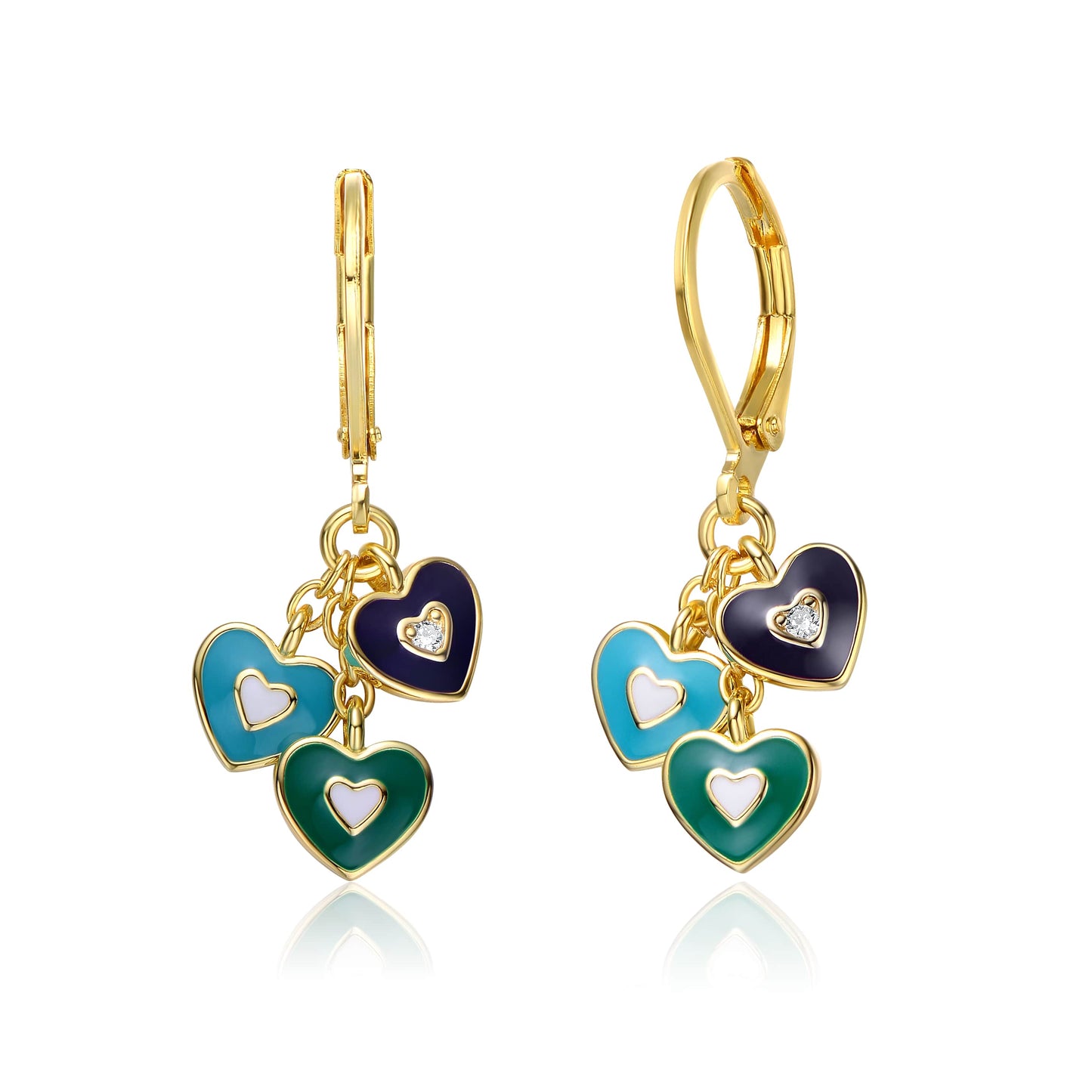 Kids 14k Gold Plated Blue Topaz Enamel Trio Dangling Hearts Earrings