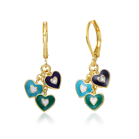 Kids 14k Gold Plated Blue Topaz Enamel Trio Dangling Hearts Earrings