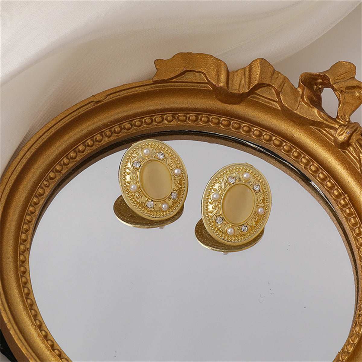 Yellow Cats Eye & Pearl Goldtone Oval Stud Earrings
