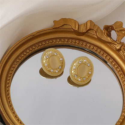 Yellow Cats Eye & Pearl Goldtone Oval Stud Earrings