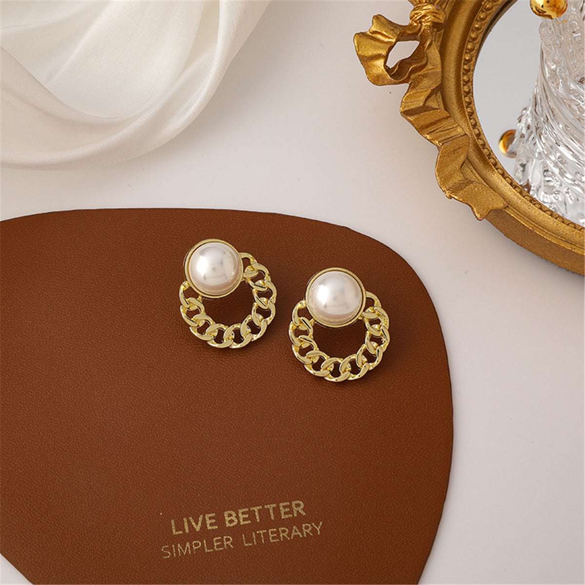 Pearl & Goldtone Curb Round Stud Earrings