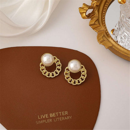 Pearl & Goldtone Curb Round Stud Earrings