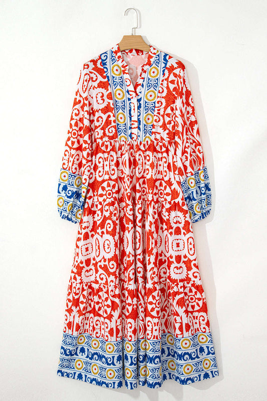 Threaded Pear Lenora Boho Geometric Printed Long Sleeve Maxi Dress