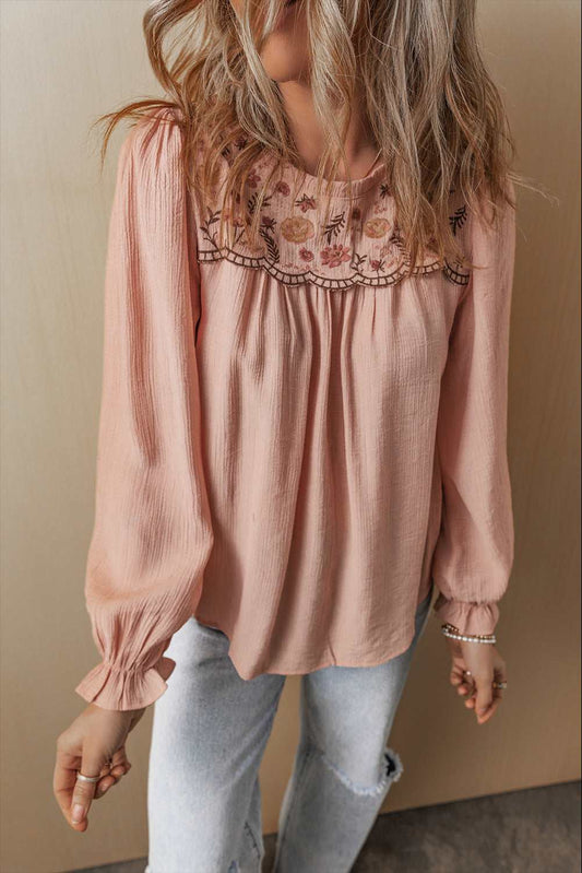 Threaded Pear Angela Embroidered Flounce Sleeve Elegant Blouse