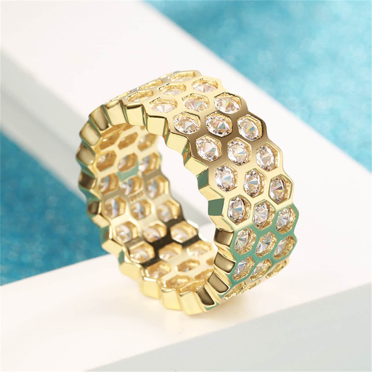 Cubic Zirconia & Goldtone Honeycomb Band Ring-2