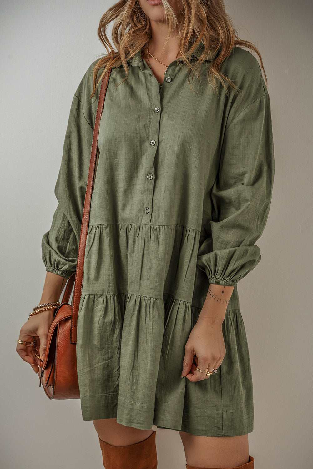 Ariana Puff Sleeve Buttoned Tiered Dress - Jungle Green / S - 4/6