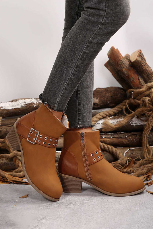 Threaded Pear Eyelet Buckled Ankle Boots