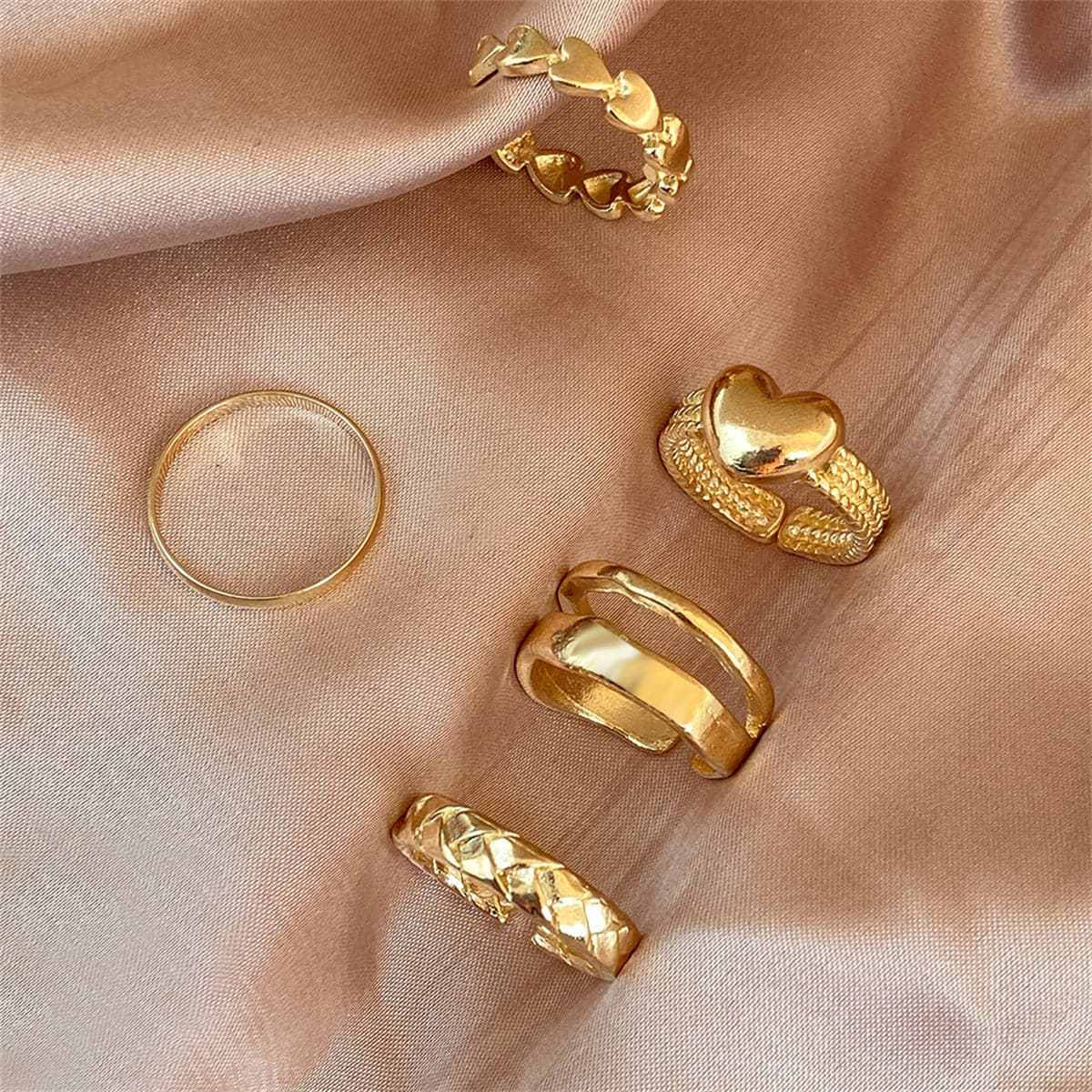 Goldtone Heart Textured Chevron Open Ring Set
