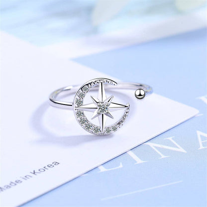 Cubic Zirconia & Silvertone Moon & Star Open Ring
