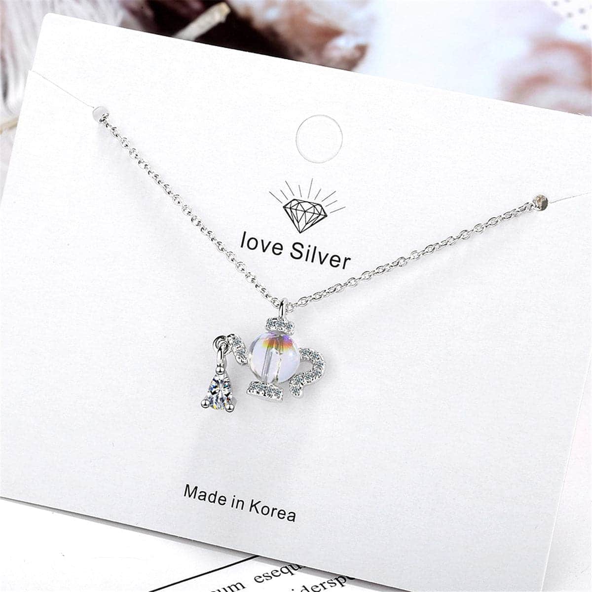 Cubic Zirconia & Crystal Silvertone Teapot Pendant Necklace