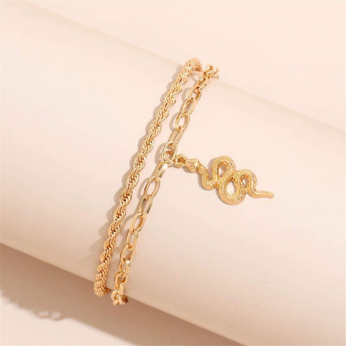 Goldtone Snake Charm Anklet & Rope Chain Anklet