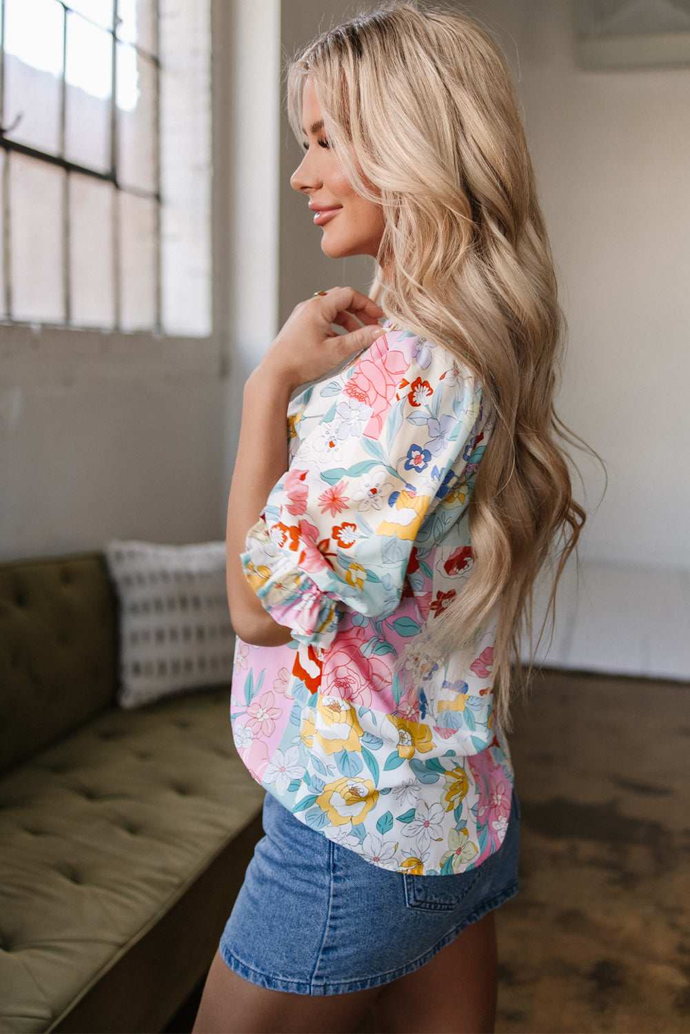 Threaded Pear Solana Boho Flower Half Puff Sleeve Blouse