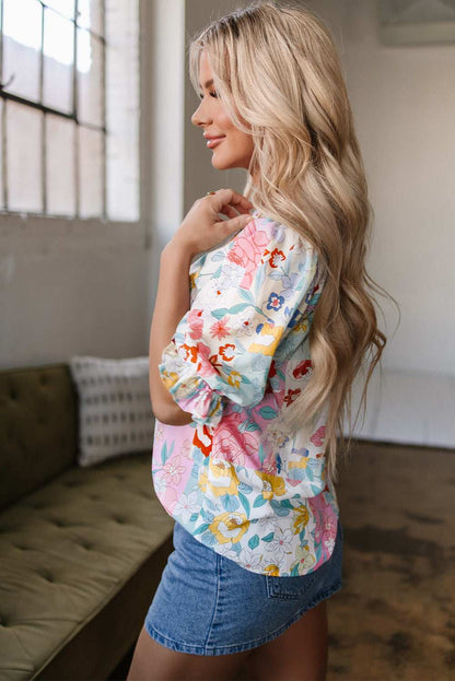 Threaded Pear Solana Boho Flower Half Puff Sleeve Blouse