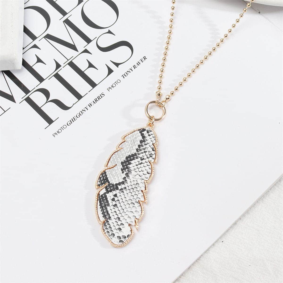 Gray Polyurethane & Goldtone Snakeskin-Embossed Leaf Pendant Necklace