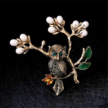 Pearl & Cubic Zirconia Goldtone Owl Branch Brooch