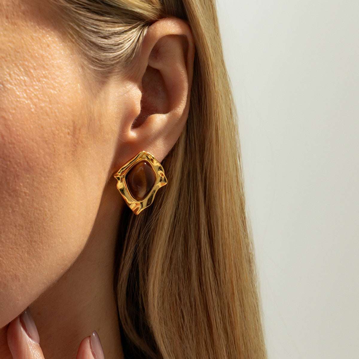 Tiger's Eye & Goldtone Irregular Rhombus Stud Earrings