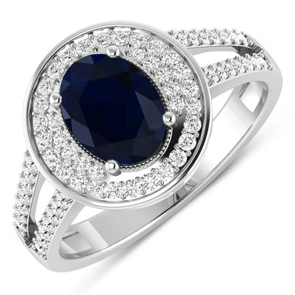 1.64 Ct Oval Blue Sapphire and White Diamond Prong 14k Gold Halo Pave Statement Ring