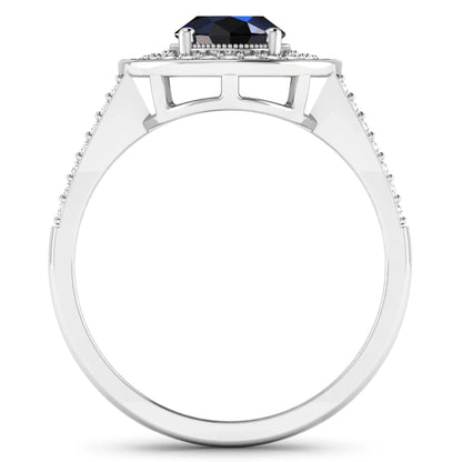 1.64 Ct Oval Blue Sapphire and White Diamond Prong 14k Gold Halo Pave Statement Ring