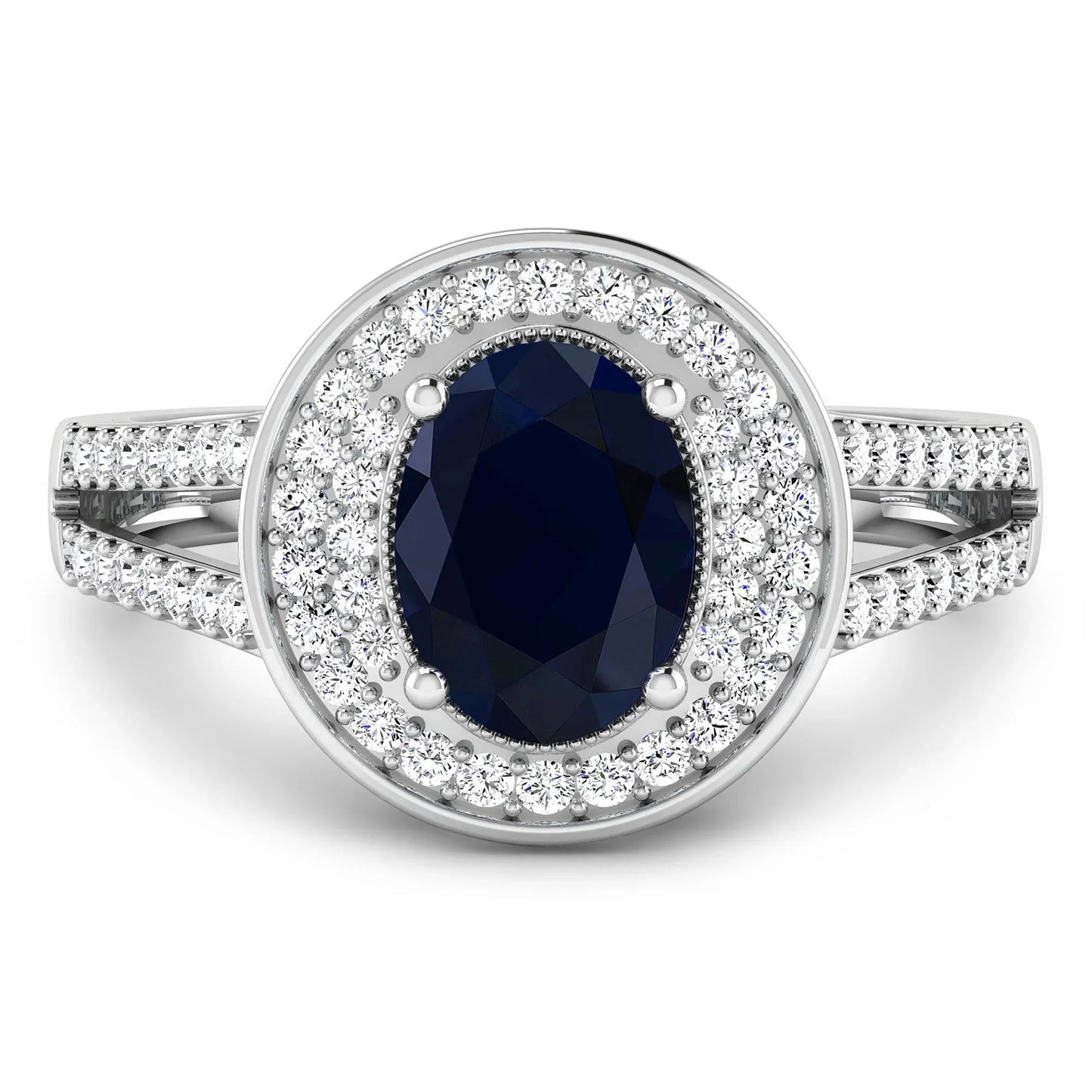 1.64 Ct Oval Blue Sapphire and White Diamond Prong 14k Gold Halo Pave Statement Ring