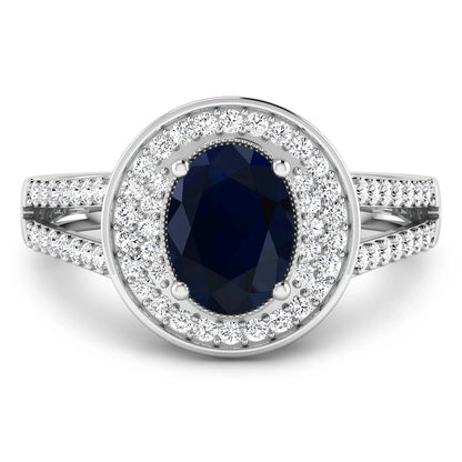 1.64 Ct Oval Blue Sapphire and White Diamond Prong 14k Gold Halo Pave Statement Ring