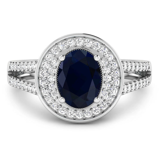 1.64 Ct Oval Blue Sapphire and White Diamond Prong 14k Gold Halo Pave Statement Ring