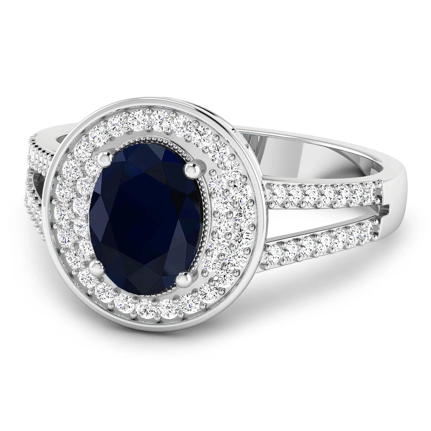 1.64 Ct Oval Blue Sapphire and White Diamond Prong 14k Gold Halo Pave Statement Ring