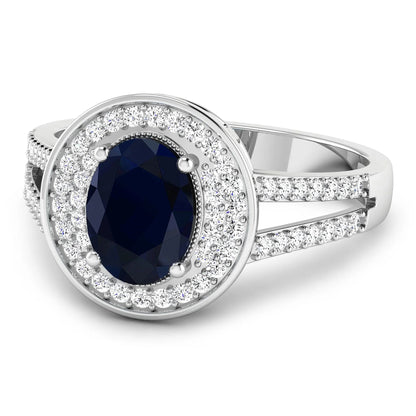 1.64 Ct Oval Blue Sapphire and White Diamond Prong 14k Gold Halo Pave Statement Ring