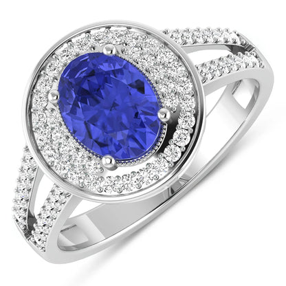 1.43 Ct Oval Violet Tanzanite and White Diamond Prong 14k Gold Halo Pave Statement Ring