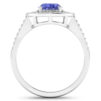 1.43 Ct Oval Violet Tanzanite and White Diamond Prong 14k Gold Halo Pave Statement Ring