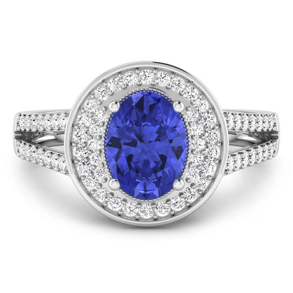 1.43 Ct Oval Violet Tanzanite and White Diamond Prong 14k Gold Halo Pave Statement Ring