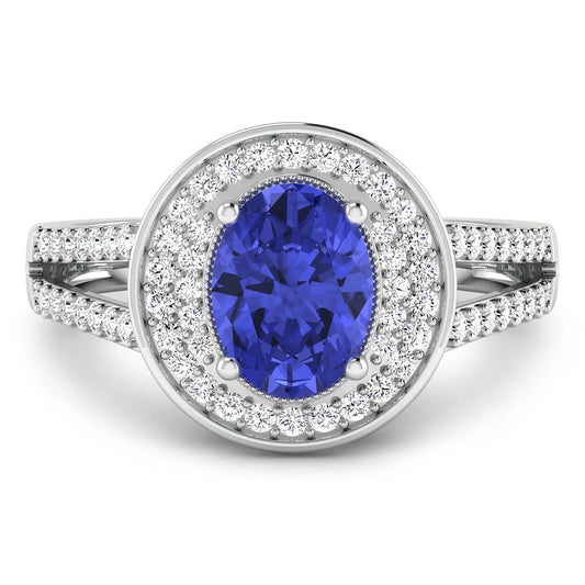 1.43 Ct Oval Violet Tanzanite and White Diamond Prong 14k Gold Halo Pave Statement Ring