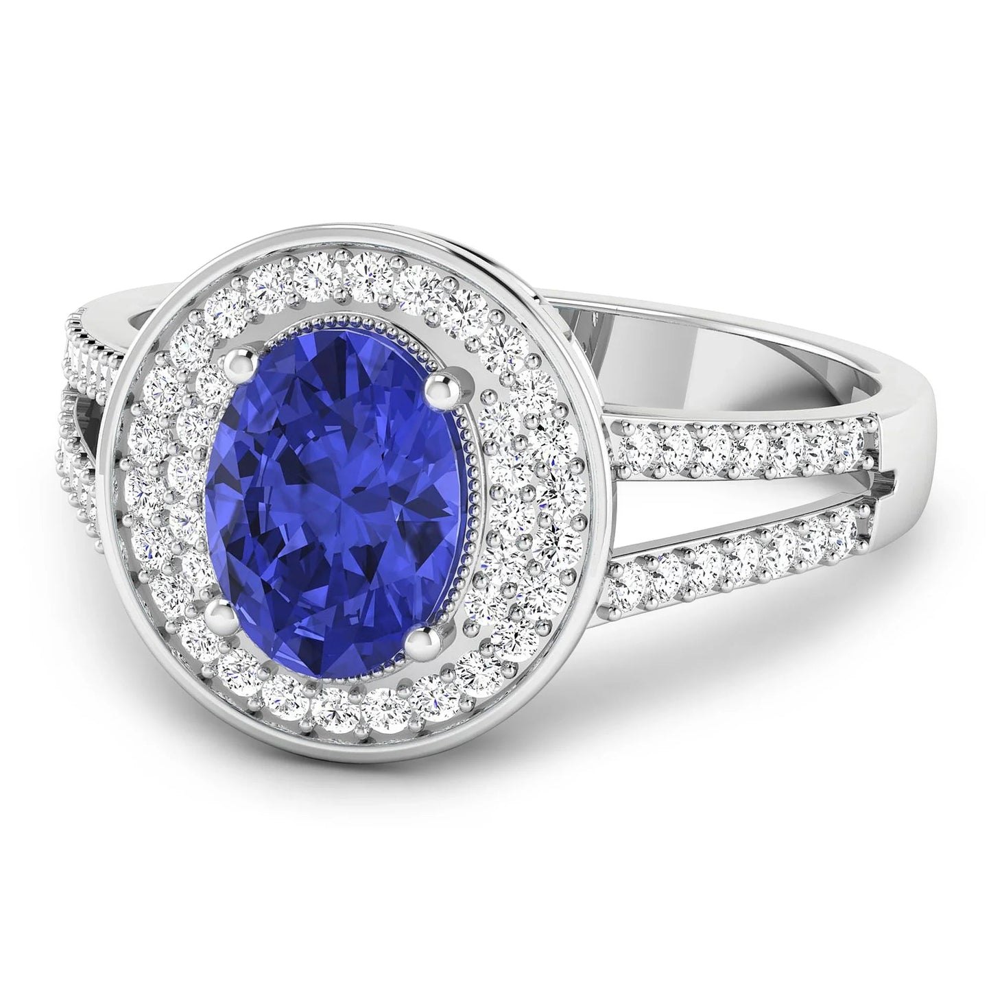 1.43 Ct Oval Violet Tanzanite and White Diamond Prong 14k Gold Halo Pave Statement Ring