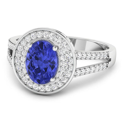 1.43 Ct Oval Violet Tanzanite and White Diamond Prong 14k Gold Halo Pave Statement Ring
