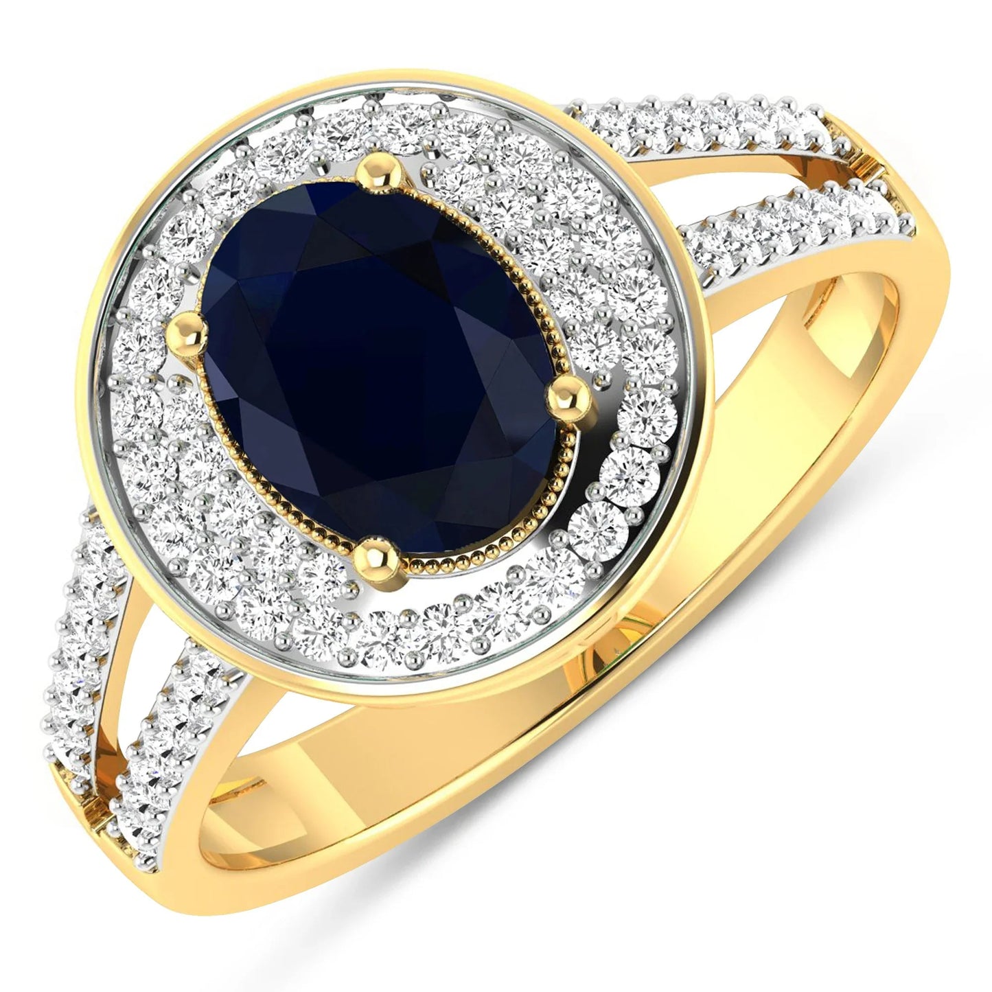 1.64 Ct Oval Blue Sapphire and White Diamond Prong 14k Gold Halo Pave Statement Ring