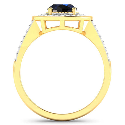1.64 Ct Oval Blue Sapphire and White Diamond Prong 14k Gold Halo Pave Statement Ring