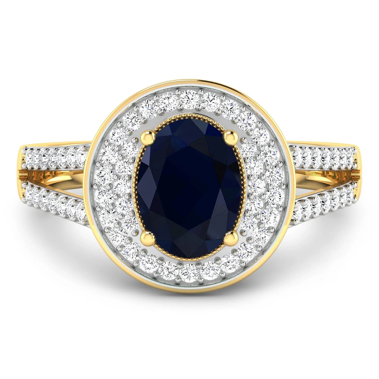 1.64 Ct Oval Blue Sapphire and White Diamond Prong 14k Gold Halo Pave Statement Ring