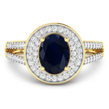 1.64 Ct Oval Blue Sapphire and White Diamond Prong 14k Gold Halo Pave Statement Ring