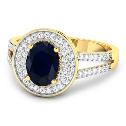 1.64 Ct Oval Blue Sapphire and White Diamond Prong 14k Gold Halo Pave Statement Ring