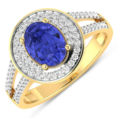 1.43 Ct Oval Violet Tanzanite and White Diamond Prong 14k Gold Halo Pave Statement Ring