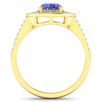 1.43 Ct Oval Violet Tanzanite and White Diamond Prong 14k Gold Halo Pave Statement Ring