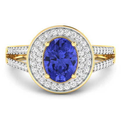 1.43 Ct Oval Violet Tanzanite and White Diamond Prong 14k Gold Halo Pave Statement Ring