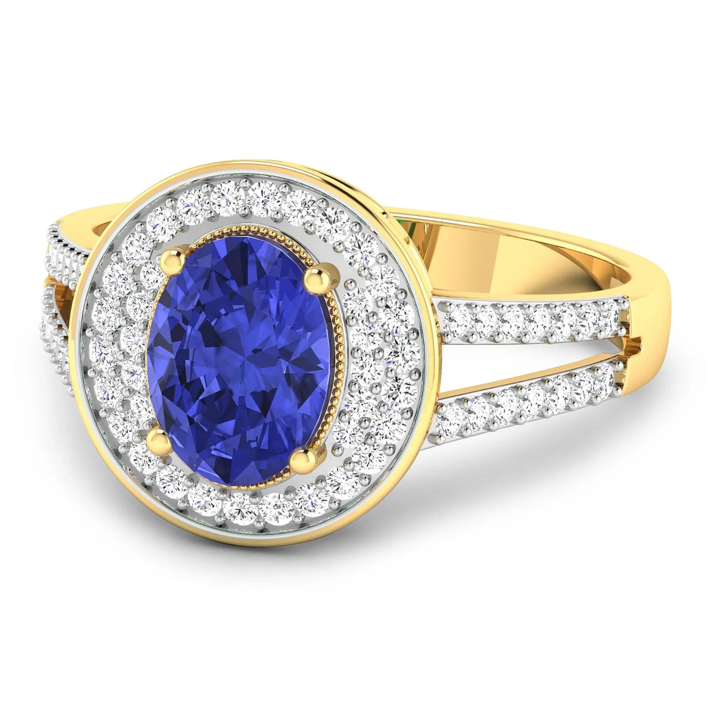 1.43 Ct Oval Violet Tanzanite and White Diamond Prong 14k Gold Halo Pave Statement Ring