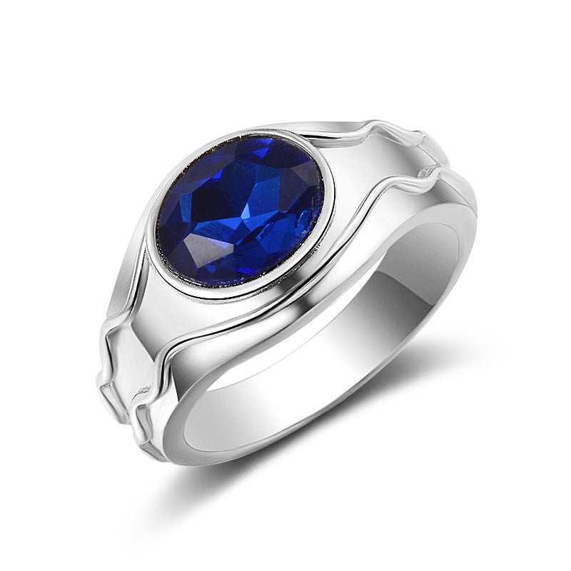 Blue Oval Crystal & Silvertone Band Ring-2