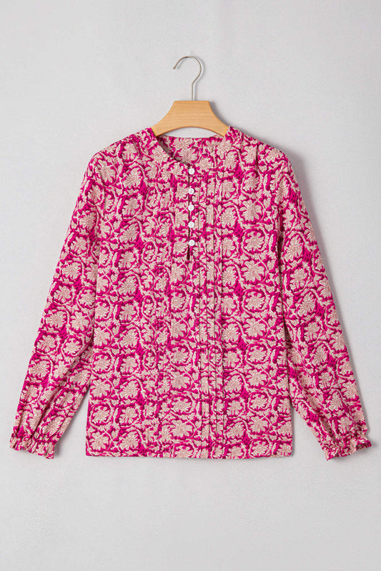 Threaded Pear Pink Floral Print Split Neck Pleated Puff Sleeve Blouse