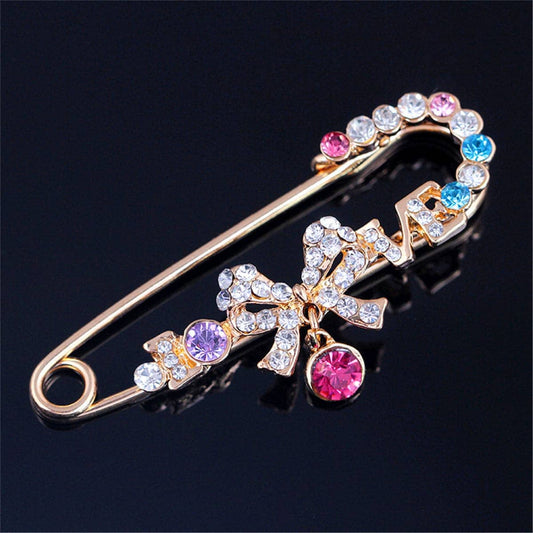 Goldtone & Cubic Zirconia Bow-Accent Safety Pin Brooch